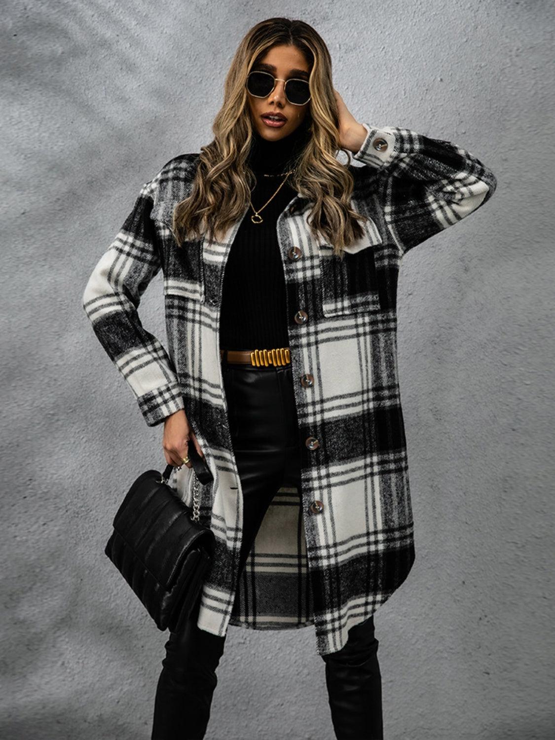 Plaid Collared Neck Long Sleeve Coat