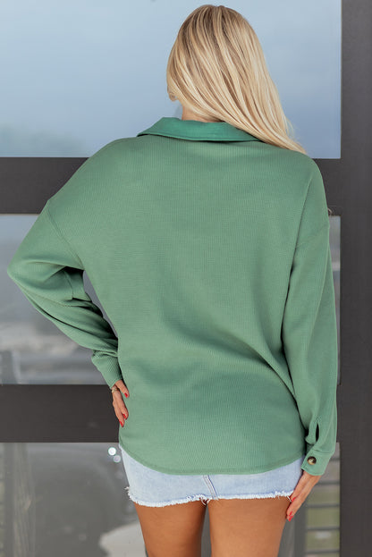 Grass Green Waffle Knit Vintage Patchwork Button Up Loose Shirt