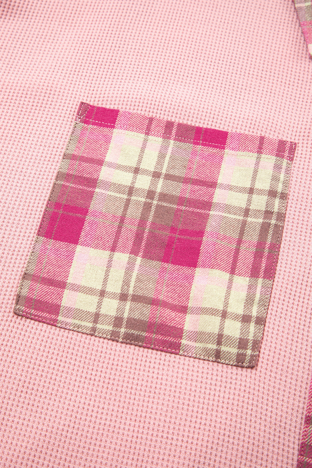 Pink Waffle Patch Pocket Plaid Patchwork Plus Size Shirt