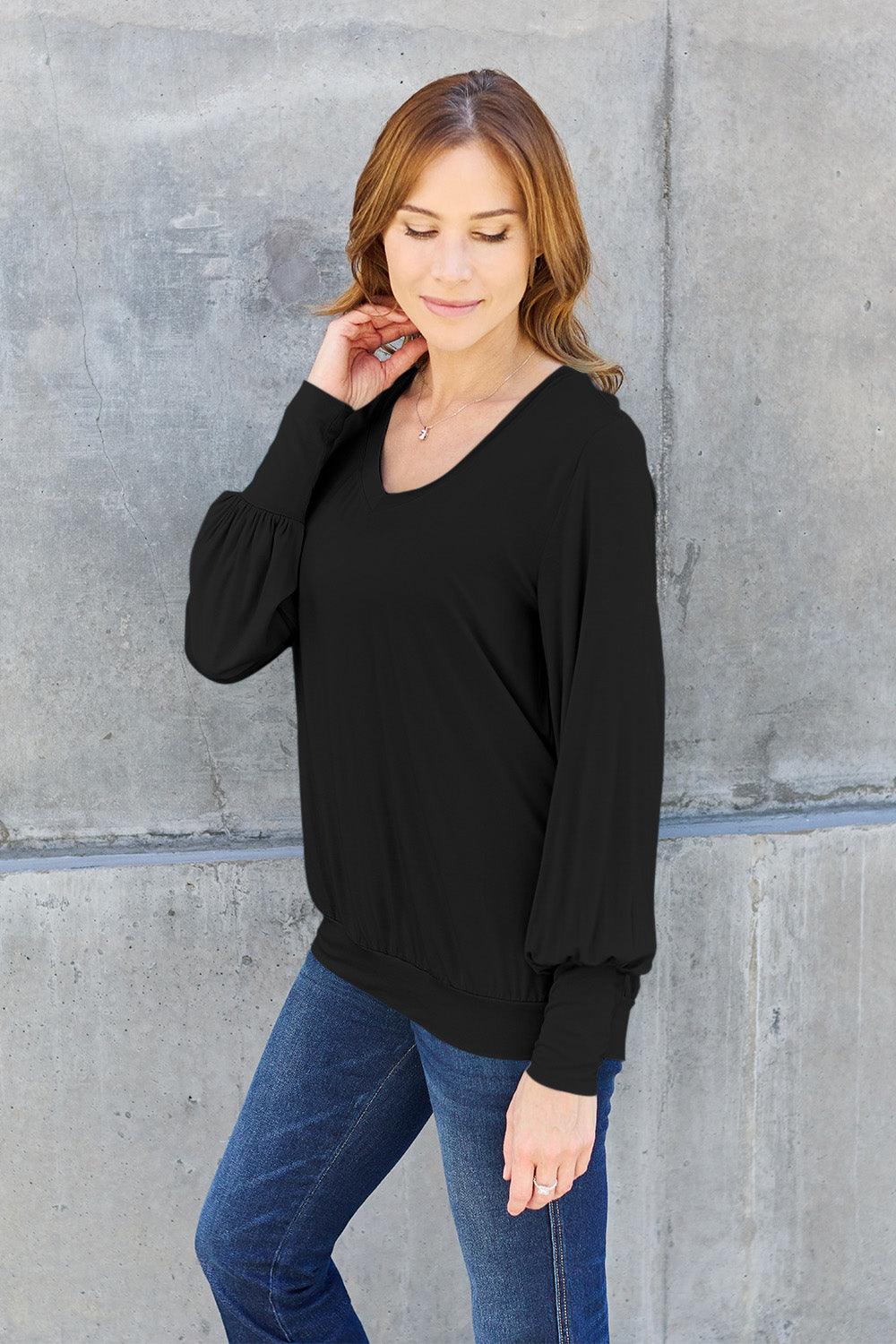 Basic Bae Full Size V-Neck Lantern Sleeve Blouse