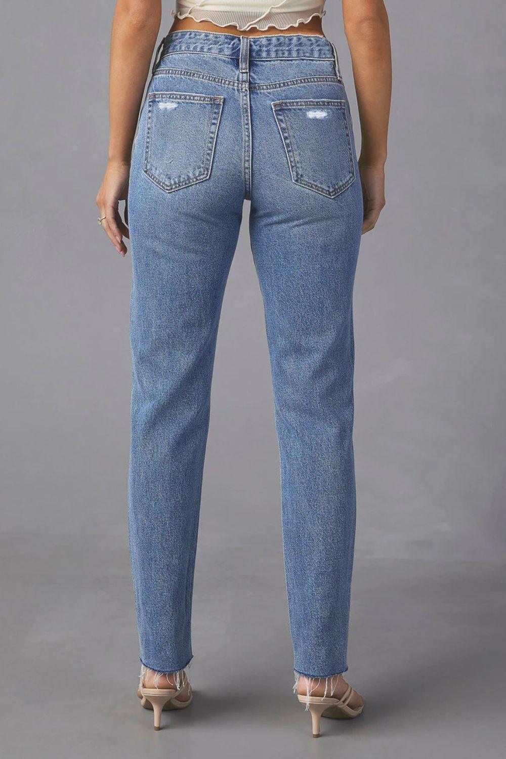 Distressed Raw Hem Straight Jeans with Pockets