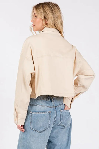 bytos Button Down Cropped Denim Jacket with Patch Pockets Carauana Store