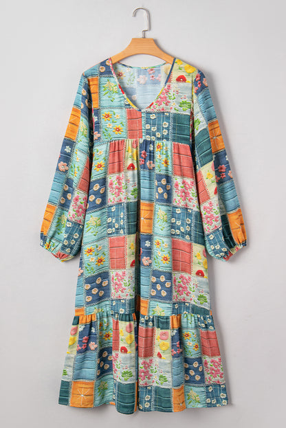 Sky Blue Mix Floral Checkered Pattern Bubble Sleeve Ruffle Hem Dress