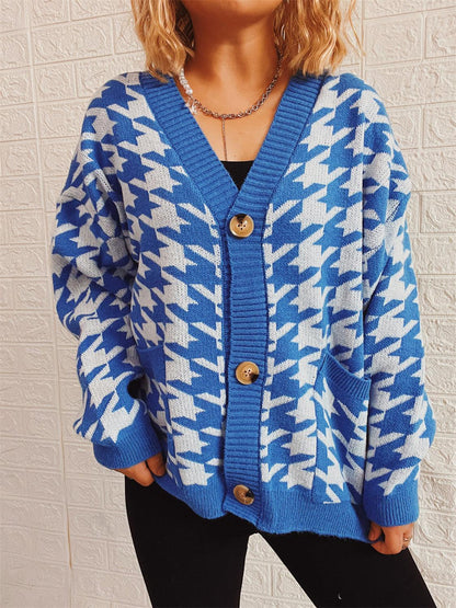 Houndstooth Botton Front Cardigan with Pockets