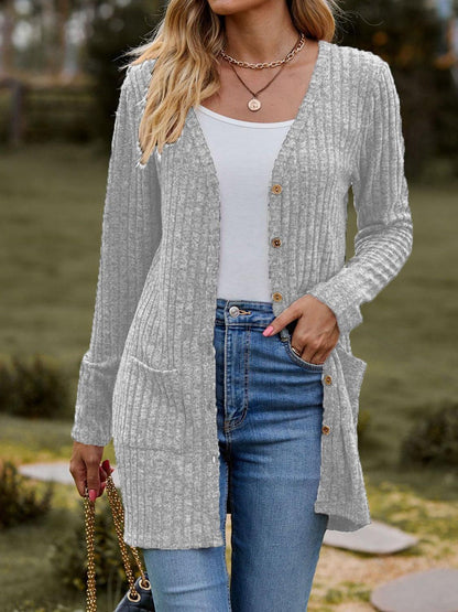 Ribbed Button Up Long Sleeve Cardigan