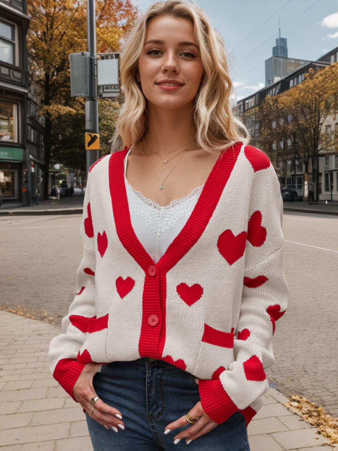 Heart Button Up Dropped Shoulder Long Sleeve Cardigan Carauana Store