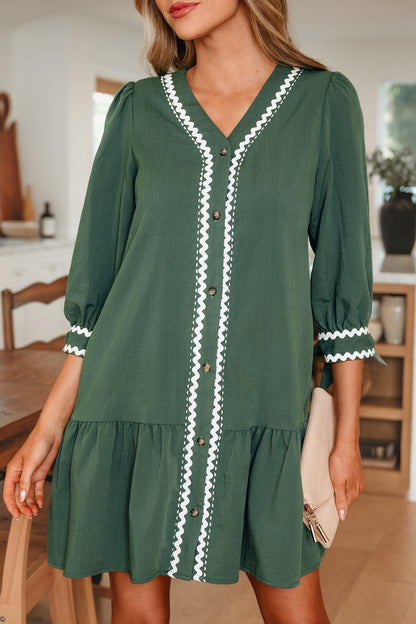 Canton Contrast Ricrac Trim Button V Neck Knotted Bracelet Sleeve Shift Dress CaRaUaNa Fashion