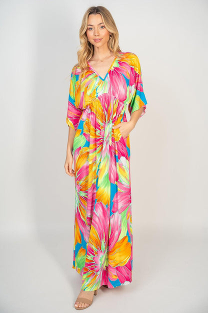 White Birch Printed V-Neck Maxi Dress with Pockets