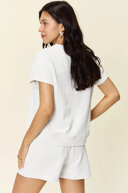 Double Take Full Size Texture Short Sleeve T-Shirt and Drawstring Shorts Set CaRaUaNa Fashion
