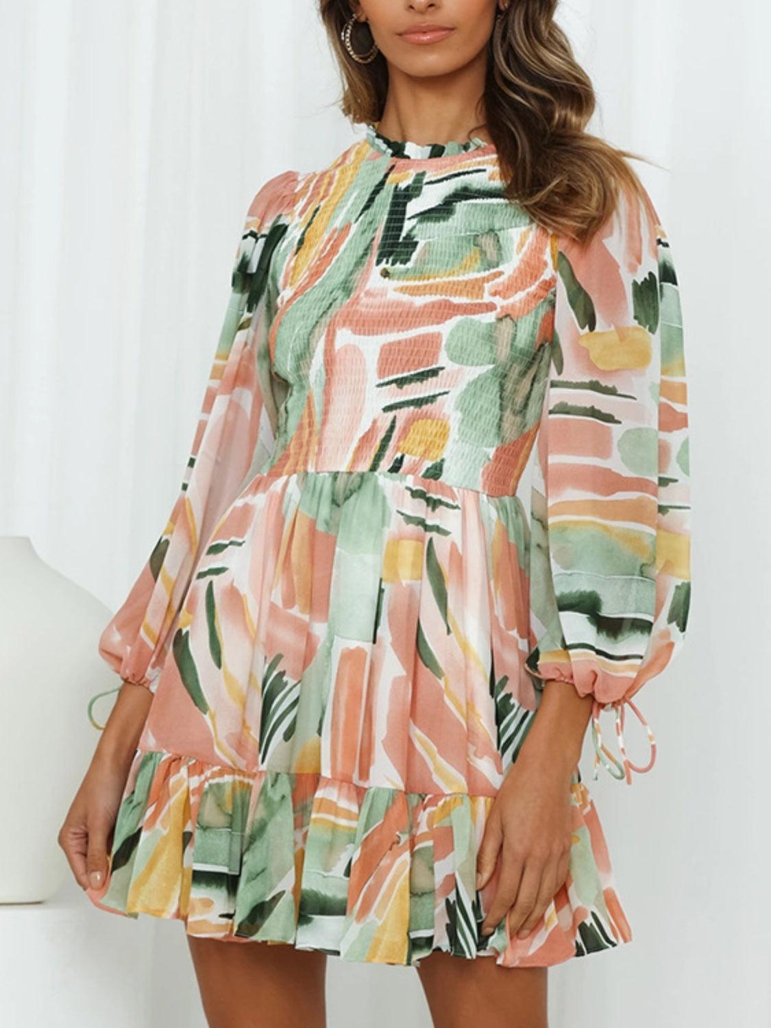 Printed Mock Neck Balloon Sleeve Mini Dress