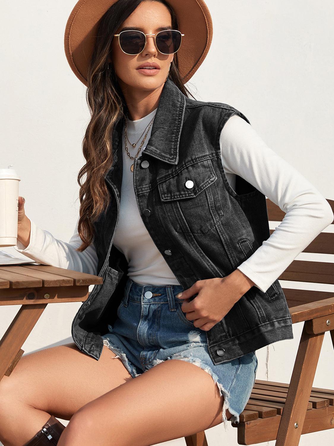 Collared Neck Sleeveless Denim Jacket