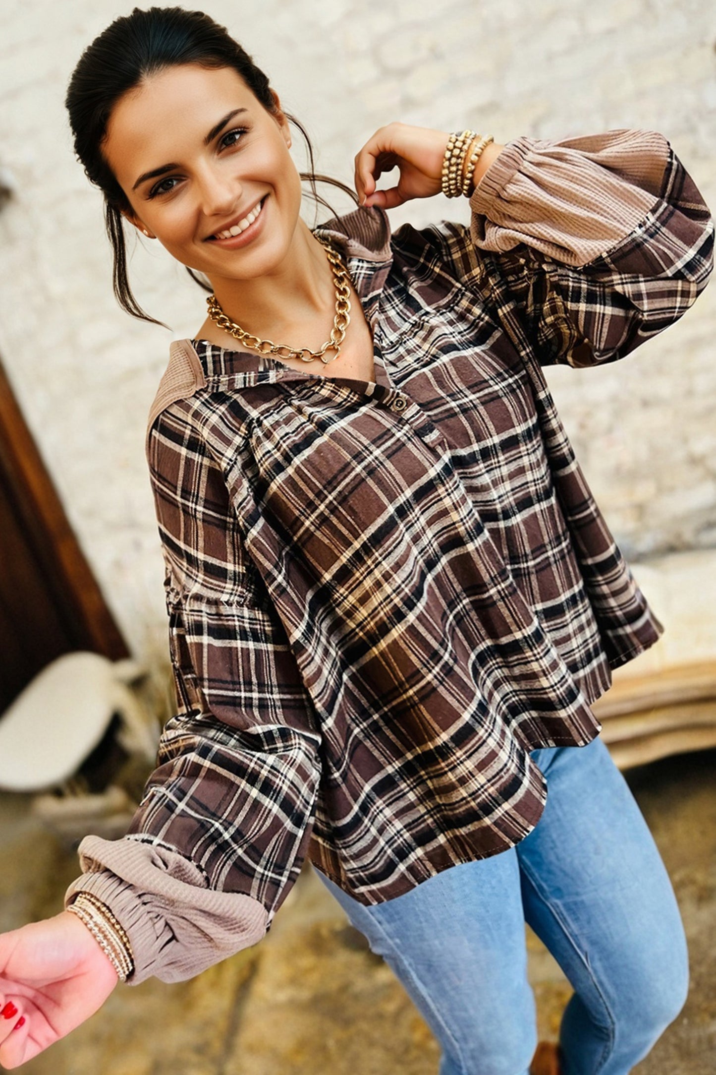 Brown Plaid Patchwork Long Sleeve Button Hooded Blouse