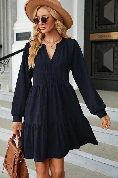 Ruched Notched Long Sleeve Mini Dress