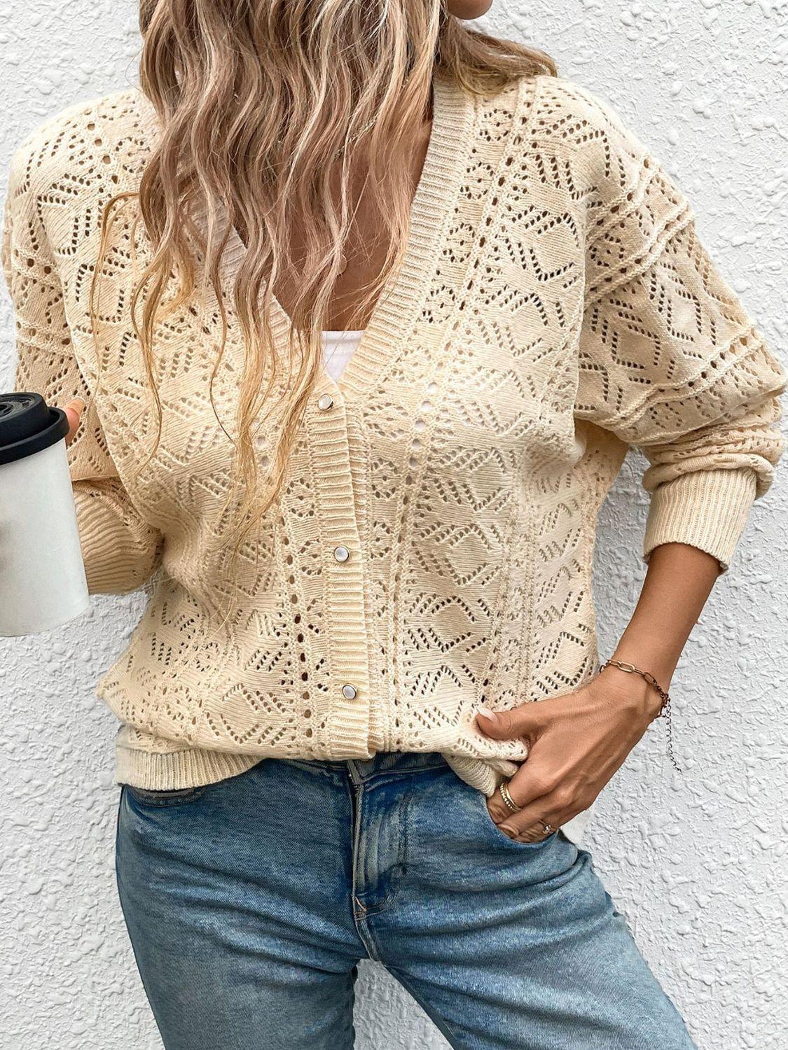 Perfee Openwork Button Up Long Sleeve Cardigan