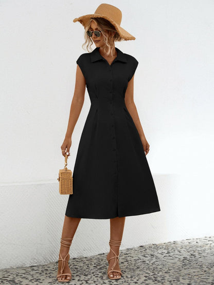 Button Up Cap Sleeve Midi Dress