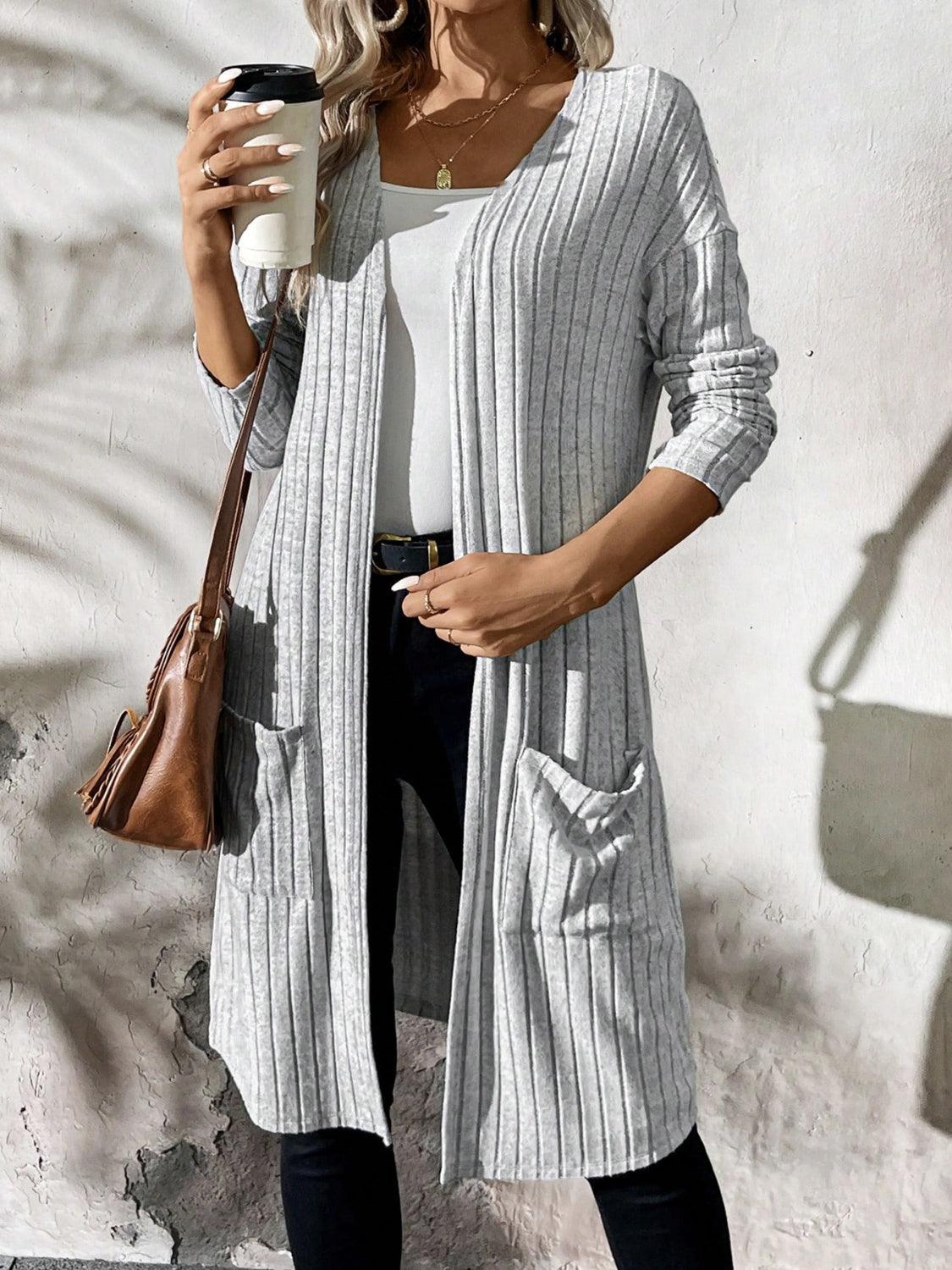 Ribbed Open Front Long Sleeve Cardigan with Pockets