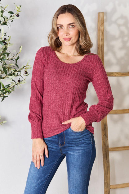 Ribbed Round Neck Lantern Sleeve Blouse