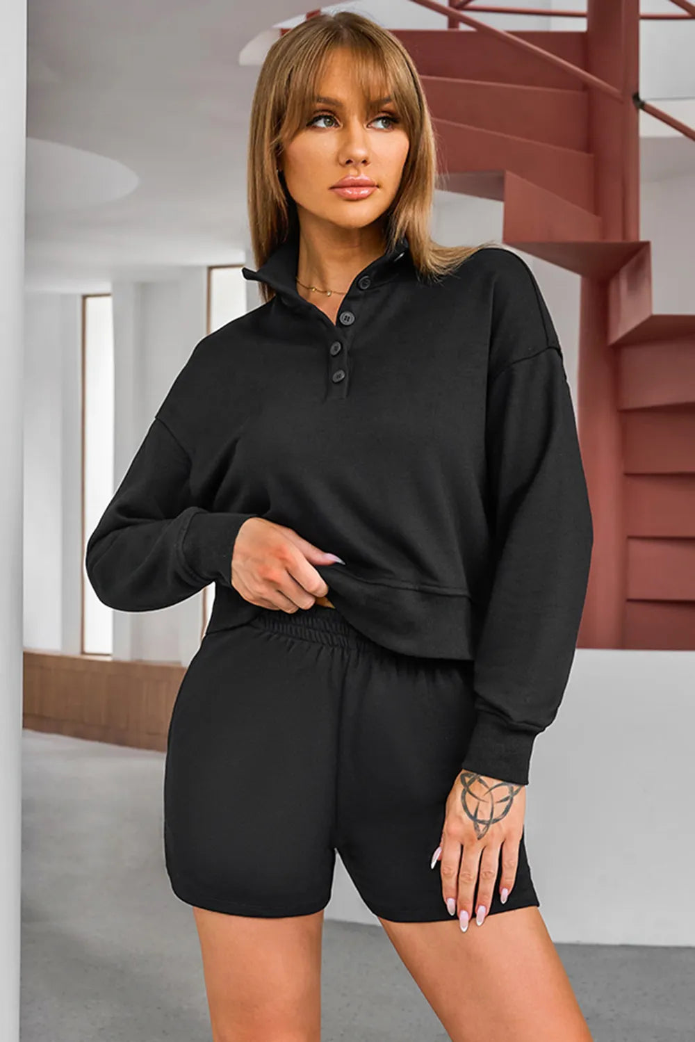 Half Button Sweatshirt and Shorts Active Set Carauana Store