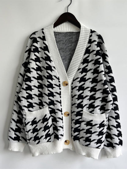 Houndstooth Botton Front Cardigan with Pockets