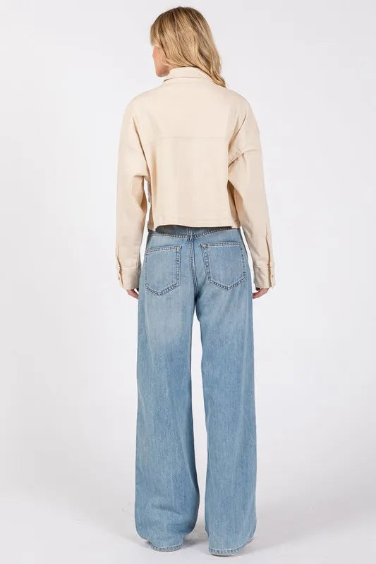 bytos Button Down Cropped Denim Jacket with Patch Pockets Carauana Store