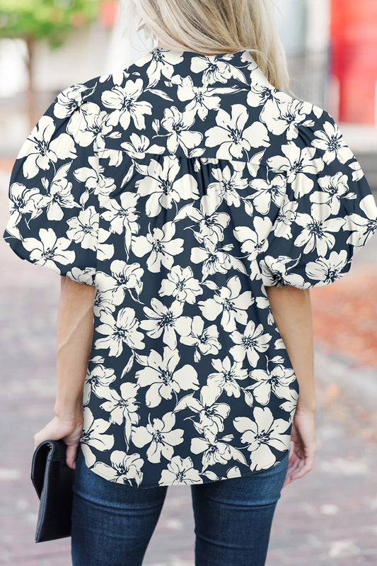 Blue Floral Short Puff Sleeve Summer Shirt