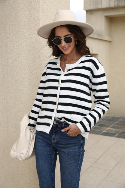 Angel Wings Striped Round Neck Button-Down Dropped Shoulder Cardigan