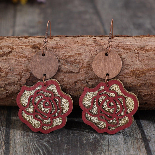Wooden Alloy Rose Shape Dangle Earrings Carauana Store