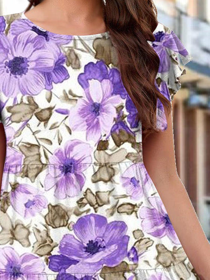 Printed Round Neck Tiered Dress