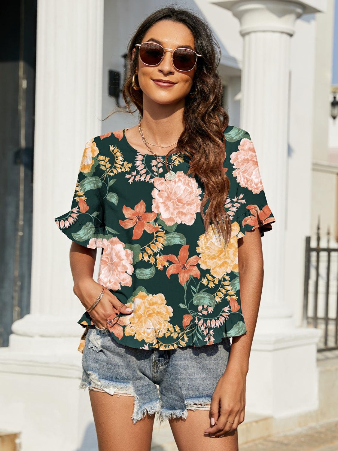 Floral Ruffled Short Sleeve Blouse