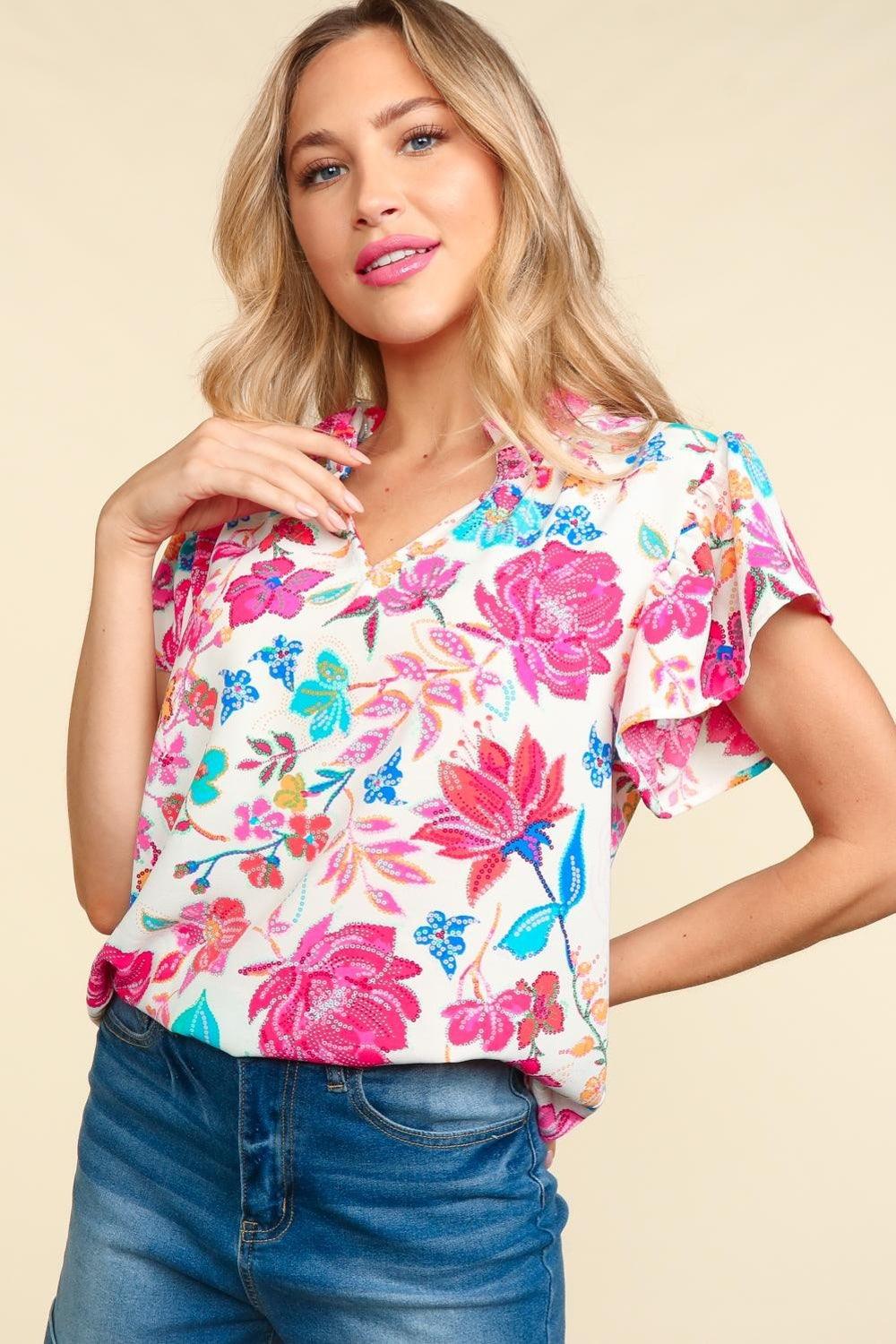 Haptics Notch Neck Sequin Floral Blouse