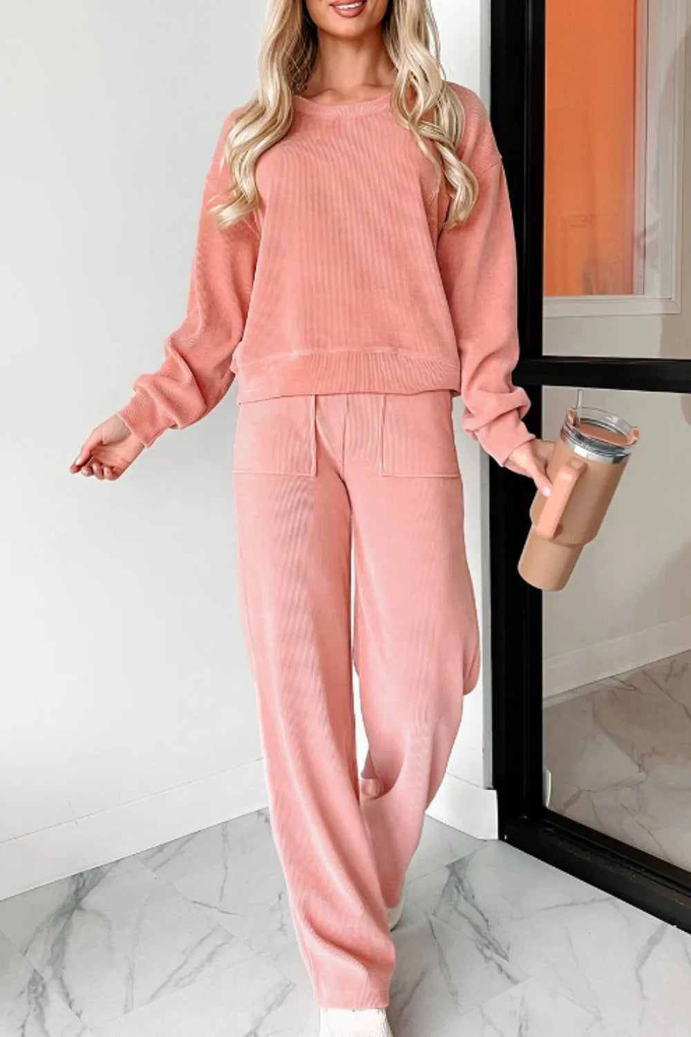 Round Neck Long Sleeve Top and Pants Set Carauana Store