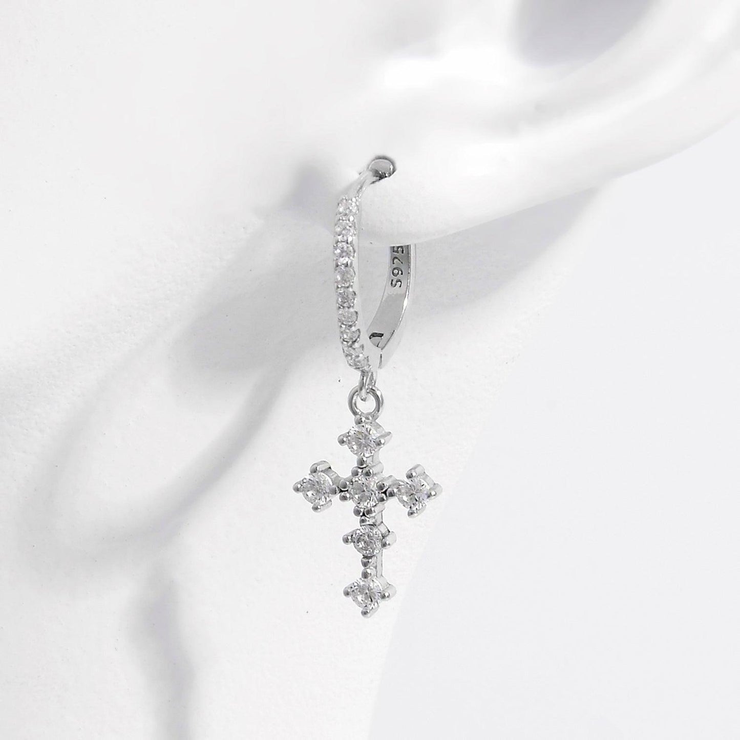 925 Sterling Silver Inlaid Zircon Cross Dangle Earrings