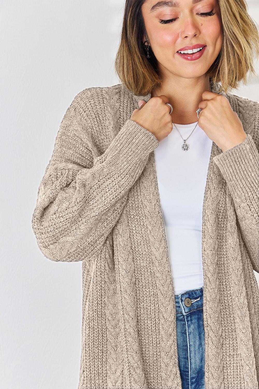 Cable-Knit Open Front Dropped Shoulder Cardigan