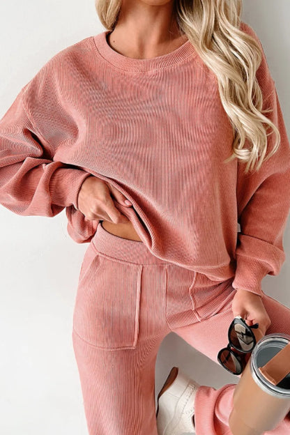 Round Neck Long Sleeve Top and Pants Set Carauana Store