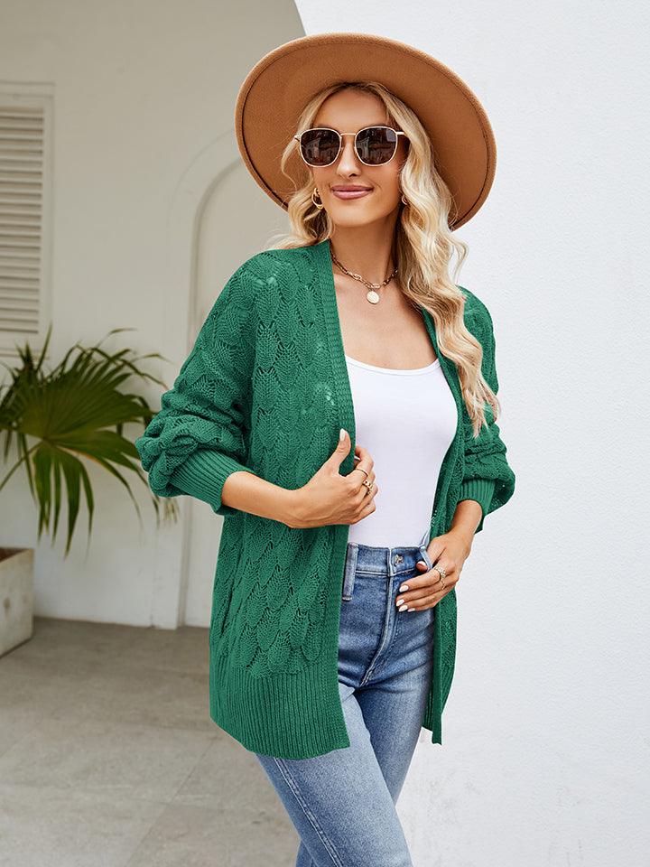 Openwork Open Front Lantern Sleeve Cardigan