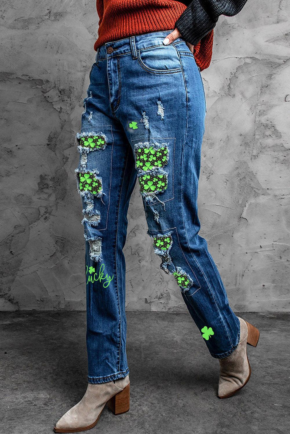 Baeful Printed Patch Distressed Boyfriend Jeans