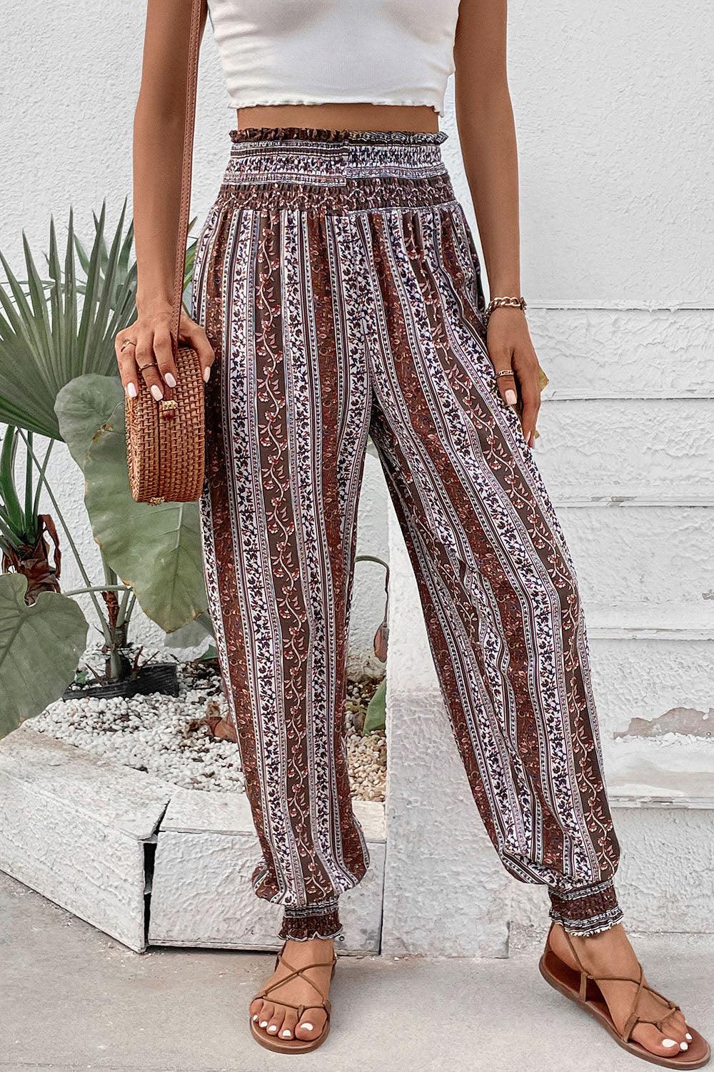 Smocked Printed High Waist Pants