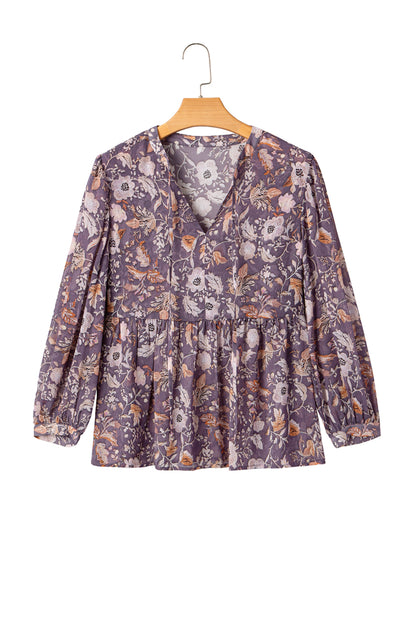 Blue Boho Flower Print 3/4 Sleeve Babydoll Blouse