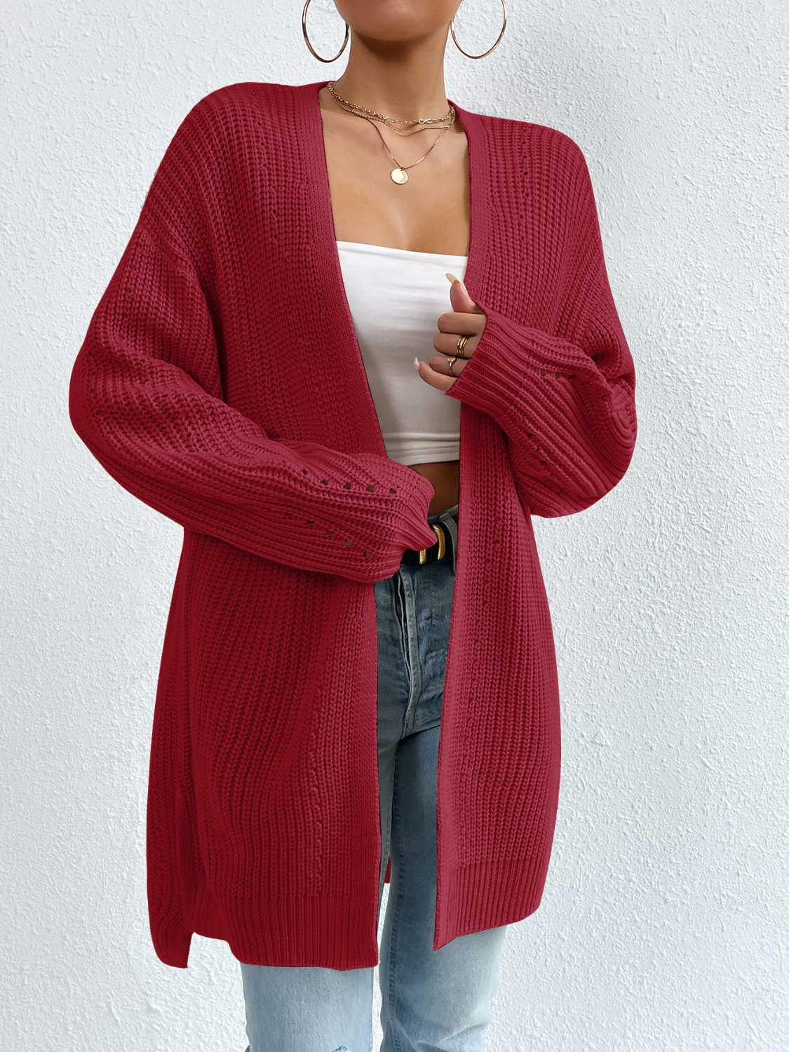 Open Front Dropped Shoulder Slit Cardigan