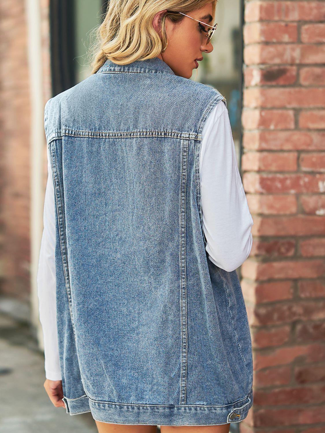 Collared Neck Sleeveless Denim Top with Pockets