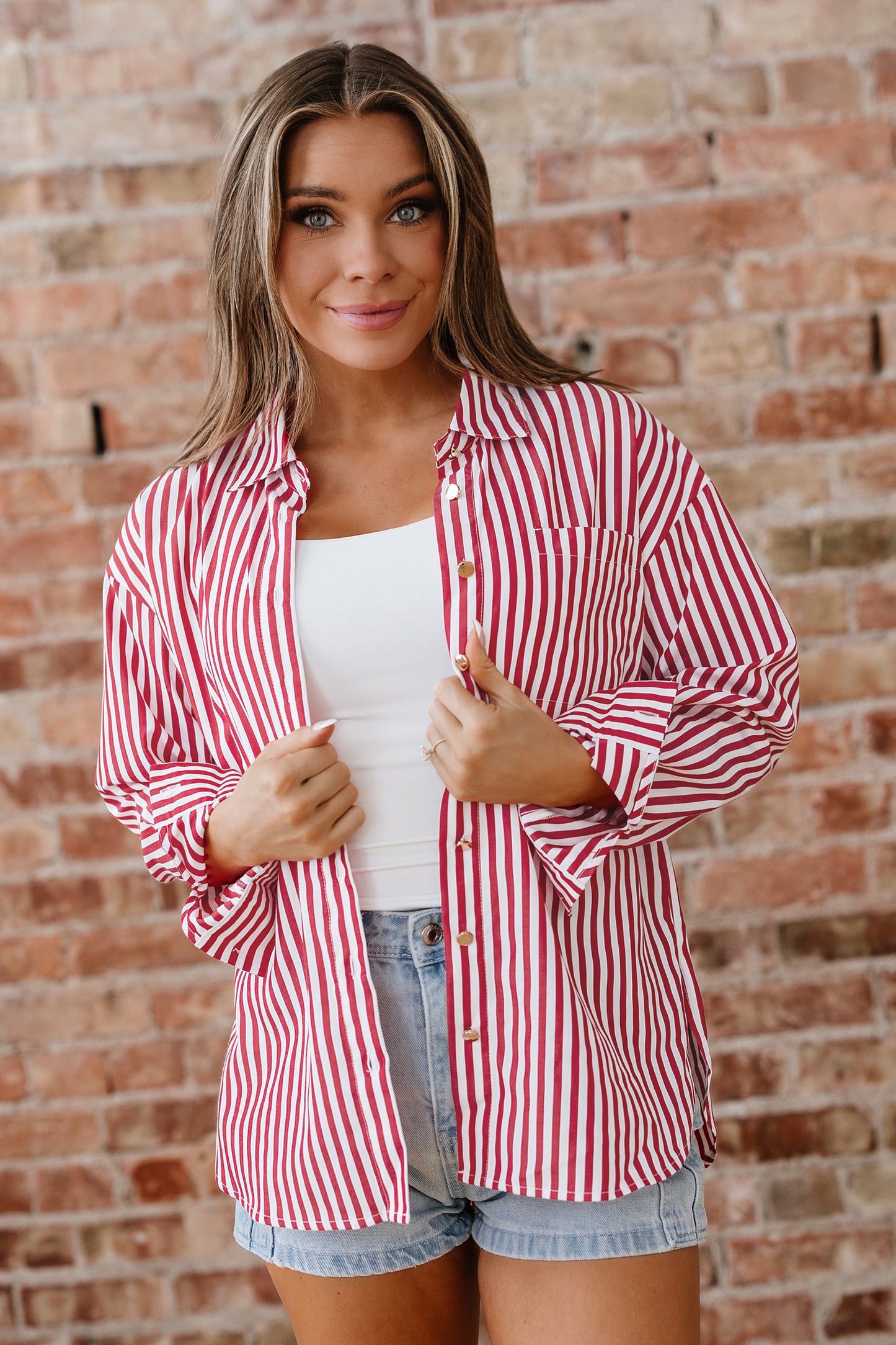 Red Stripe Patched Pocket Side Slit Loose Shirt CaRaUaNa Fashion