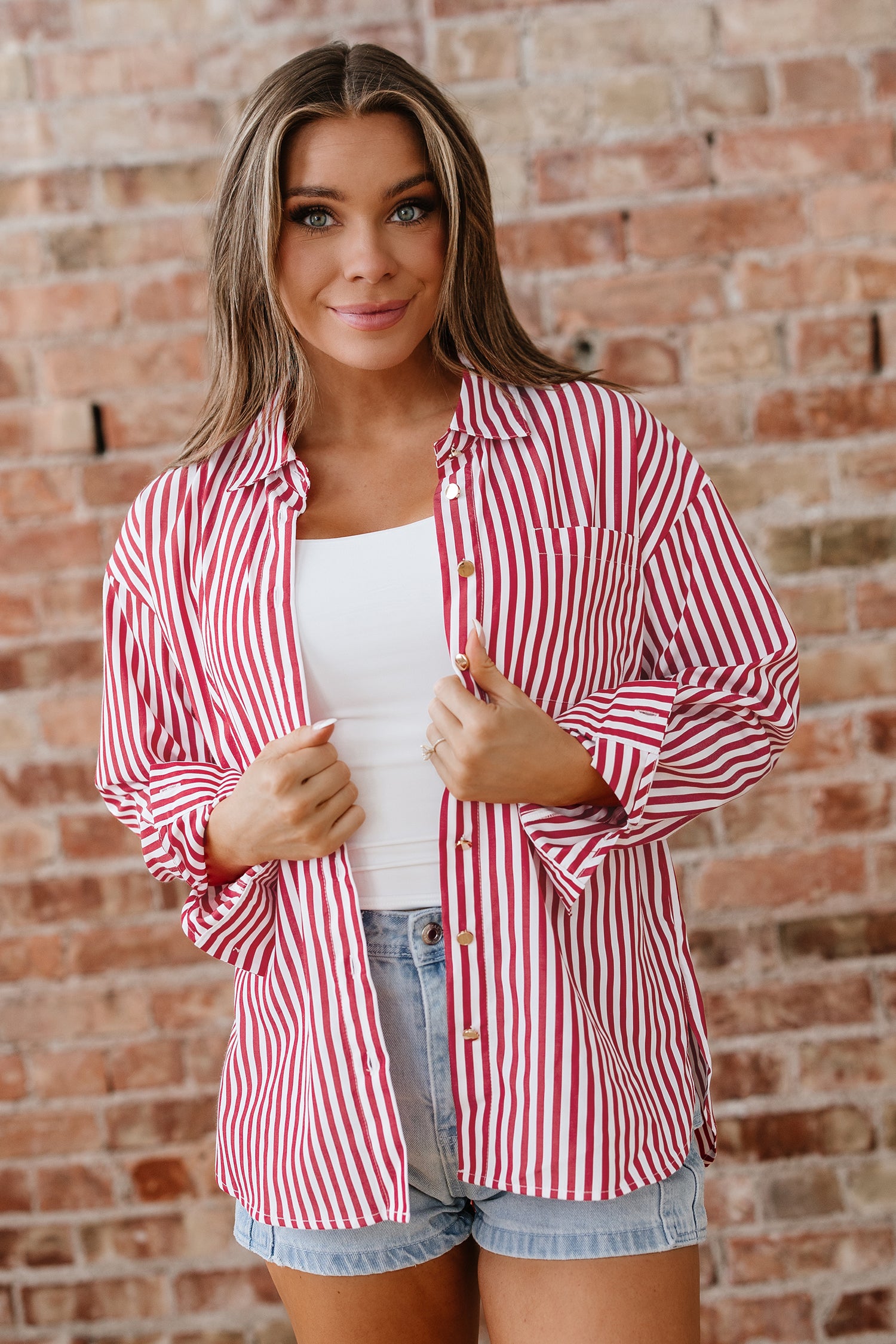 Red Stripe Patched Pocket Side Slit Loose Shirt CaRaUaNa Fashion