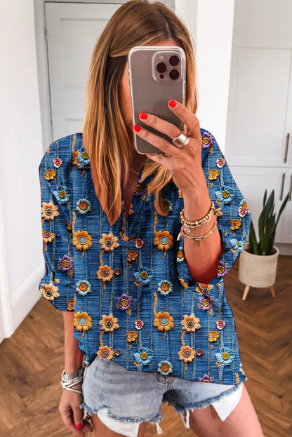Blue Floral Collared V Neck Roll up Sleeve Shift Blouse