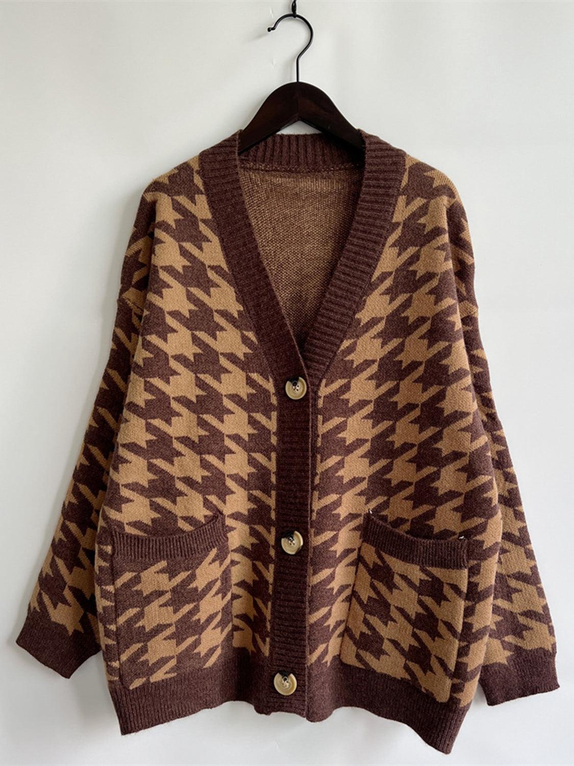 Houndstooth Botton Front Cardigan with Pockets