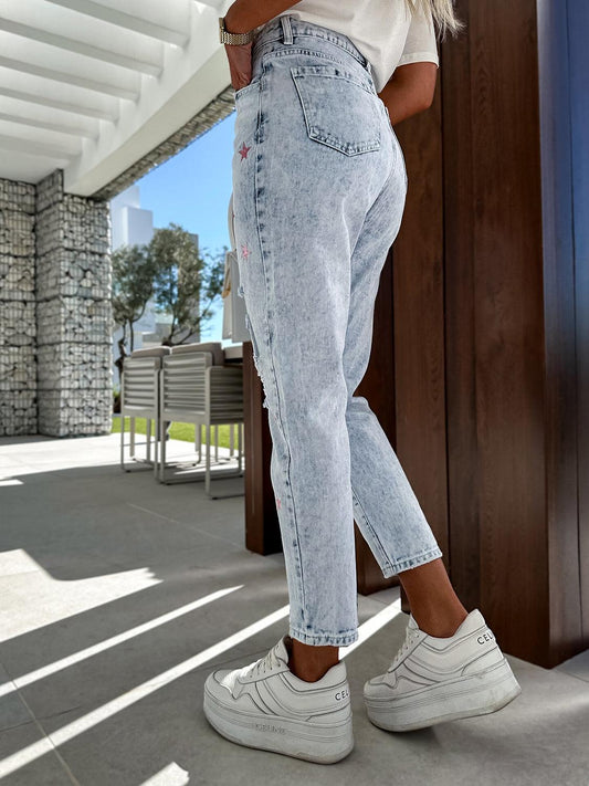 Distressed Star Straight Jeans with Pockets Carauana Store