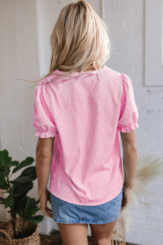 Pink Floral Embroidered Puff Sleeve Notched V Neck Blouse