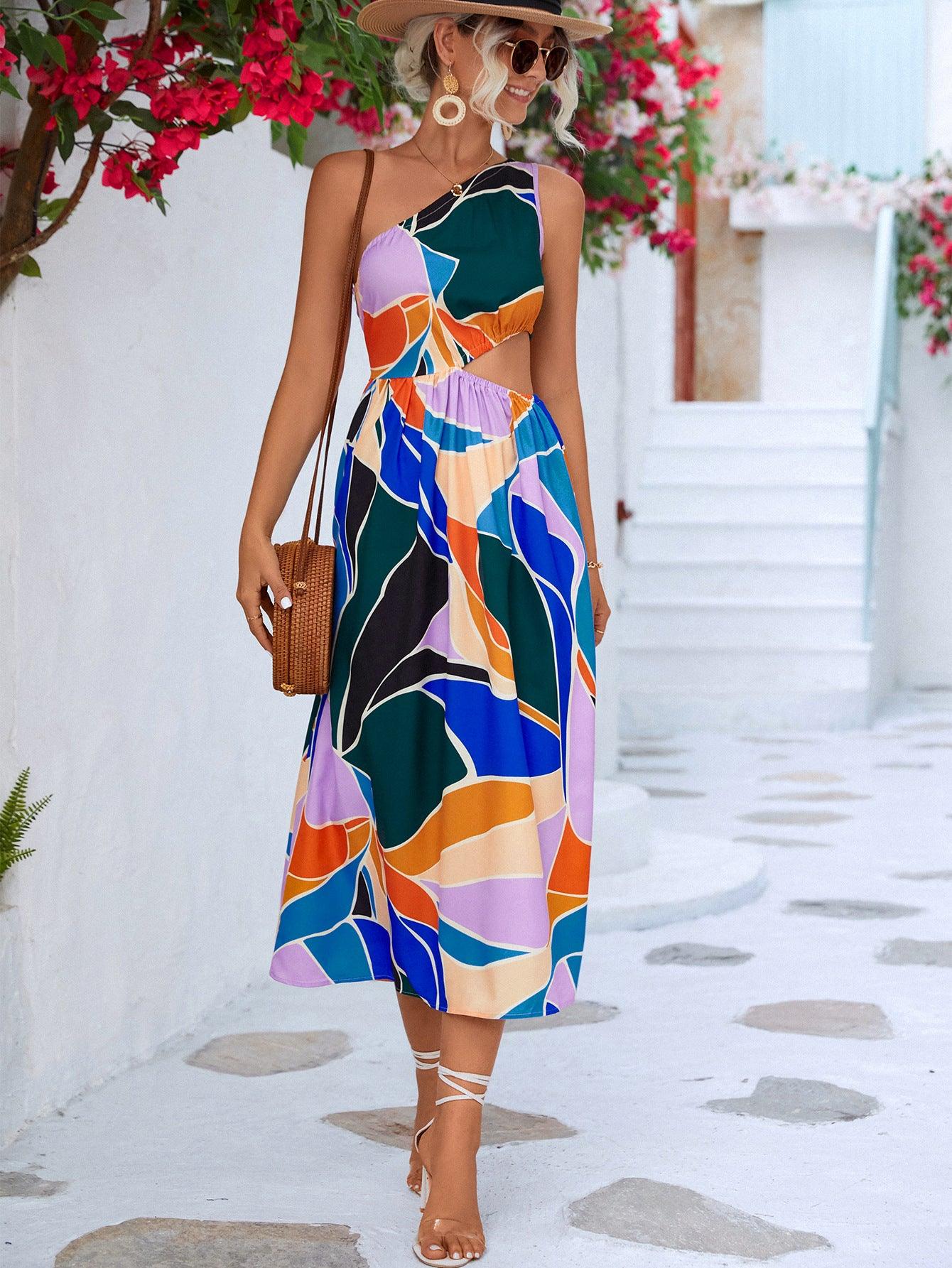 Printed Cutout One-Shoulder Sleeveless Dress