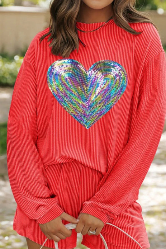 Sequin Heart Round Neck Long Sleeve Top and Shorts Set Carauana Store