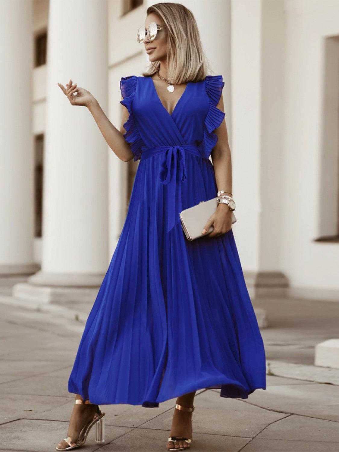 Tied Surplice Cap Sleeve Pleated Dress