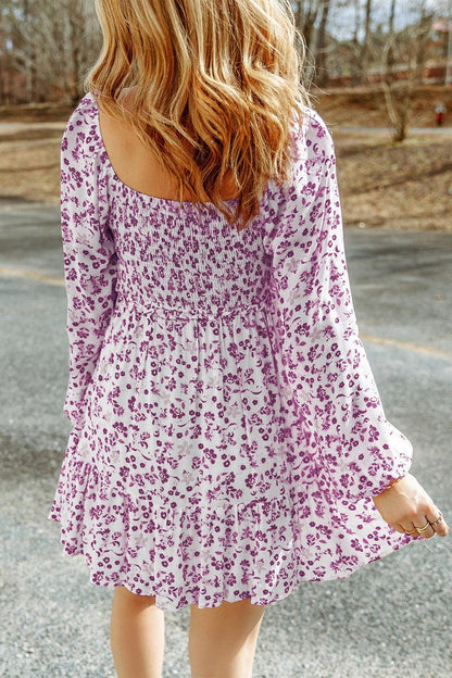 Smocked Floral Square Neck Balloon Sleeve Dress